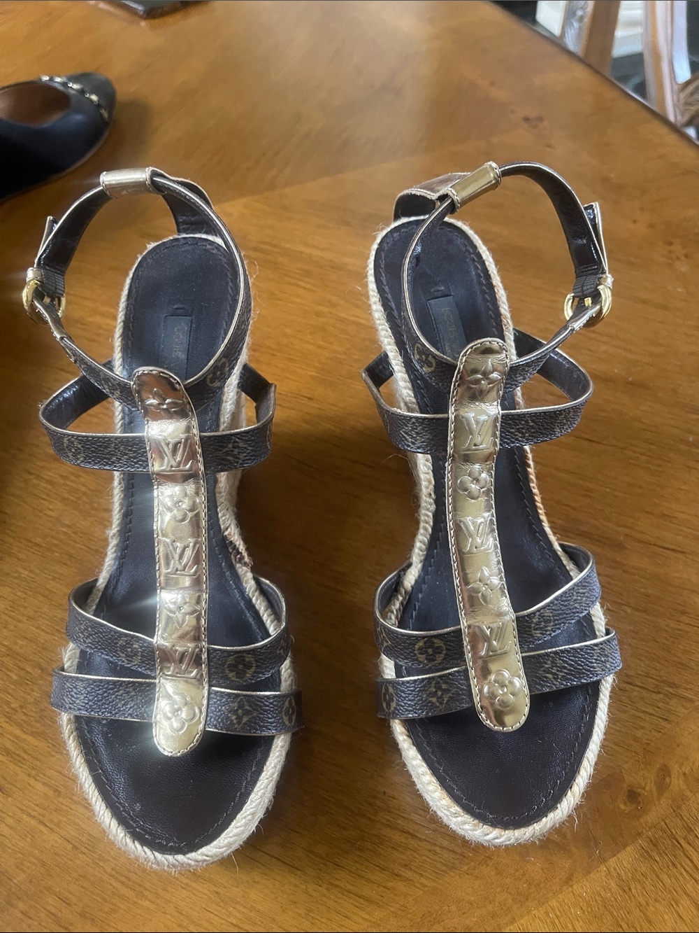 Louis Vuitton Brown Monogram Espadrille T-Strap Wedge Sandals with Gold Accents
